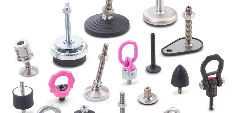 Ganter Norm koneosat, säätöjalat, nostosilmukat, nostokorvat, kumipuskurit