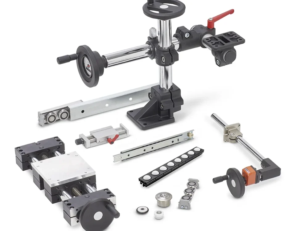 Ganter Norm koneosat, lineaarikiskot, teleskooppikiskot, ohjairullat, liukuyksiköt